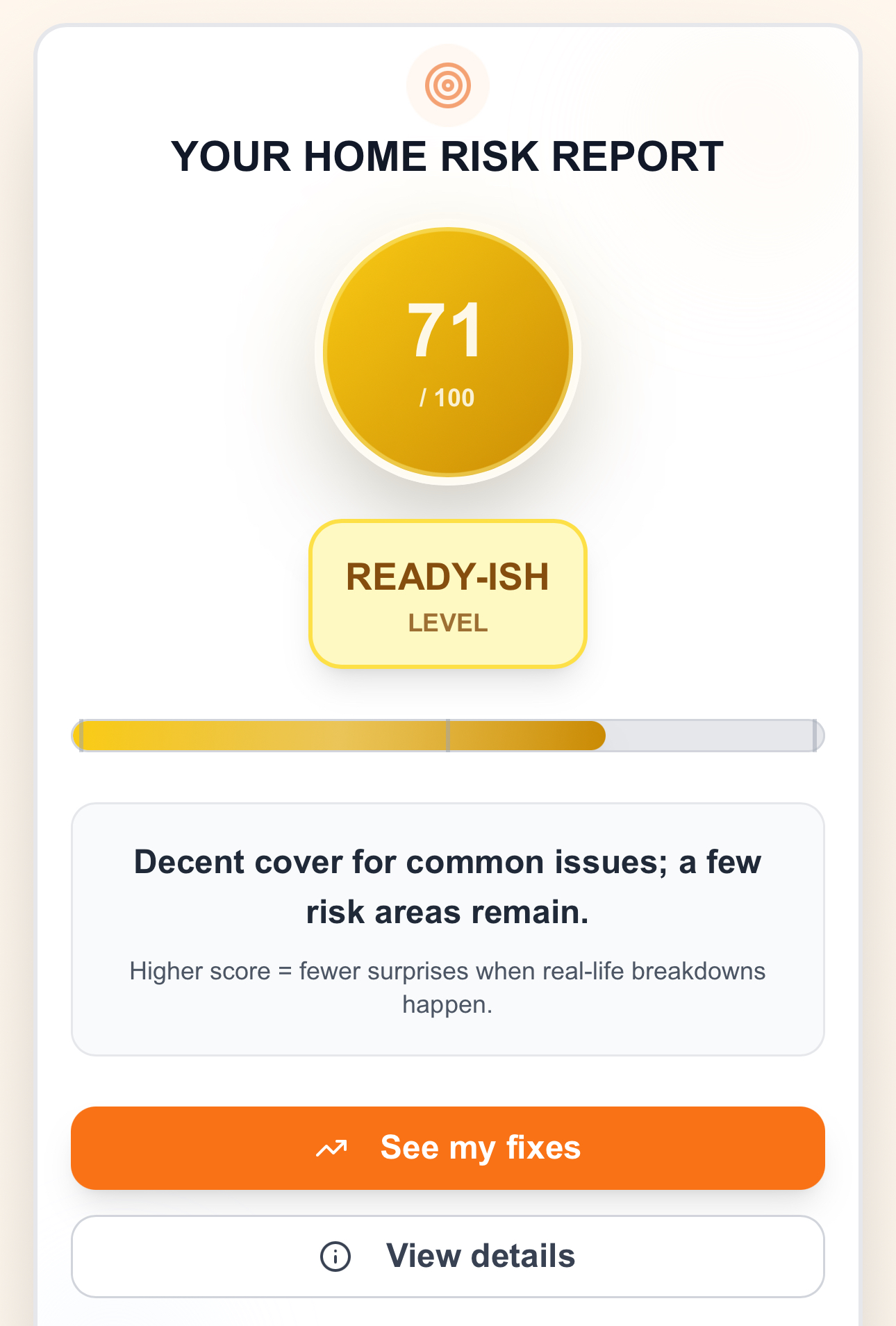 Home Risk Report showing score and status